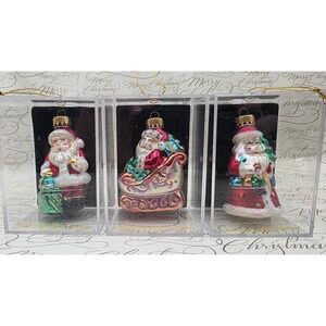 3 Unique Treasures Santa Ornaments Blown Glass Gifts Sleigh Toys Vintage NIB NOS